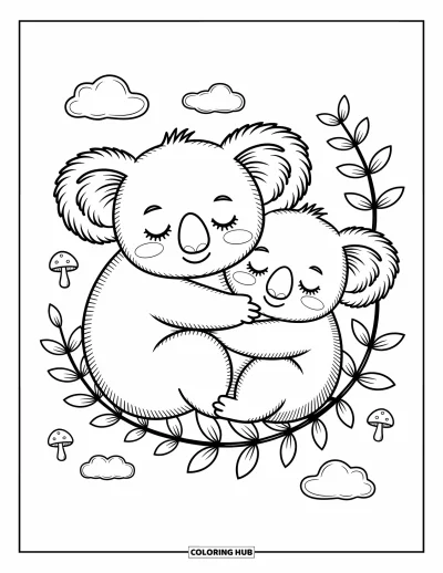 Coloriage de koalas pour adultes : Deux koalas se blottissent sur une branche d’eucalyptus et font paisiblement la sieste ensemble dans une scène apaisante