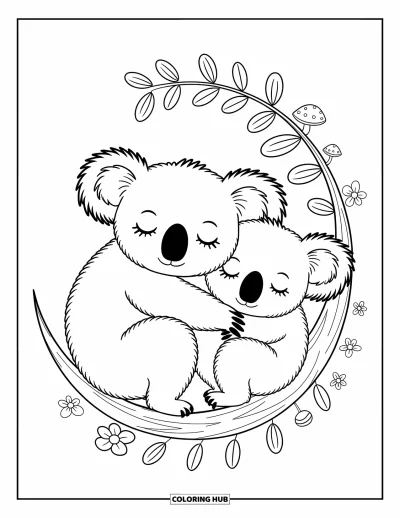 Coloriage de koalas pour adultes : Deux koalas se reposent ensemble sur une branche, entourés de petites fleurs et de feuilles en volutes