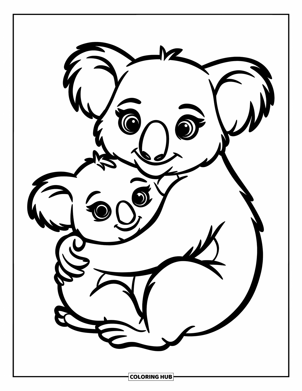 Koala Kleurplaat voor Kinderen: Een babykoala knuffelt zijn moeder stevig, beiden knus samen met liefdevolle uitdrukkingen