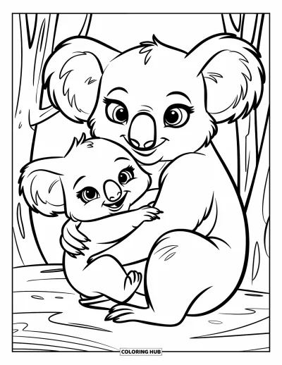 Coloriage de koalas pour enfants : Un bébé koala entoure sa maman de ses bras dans une tendre étreinte