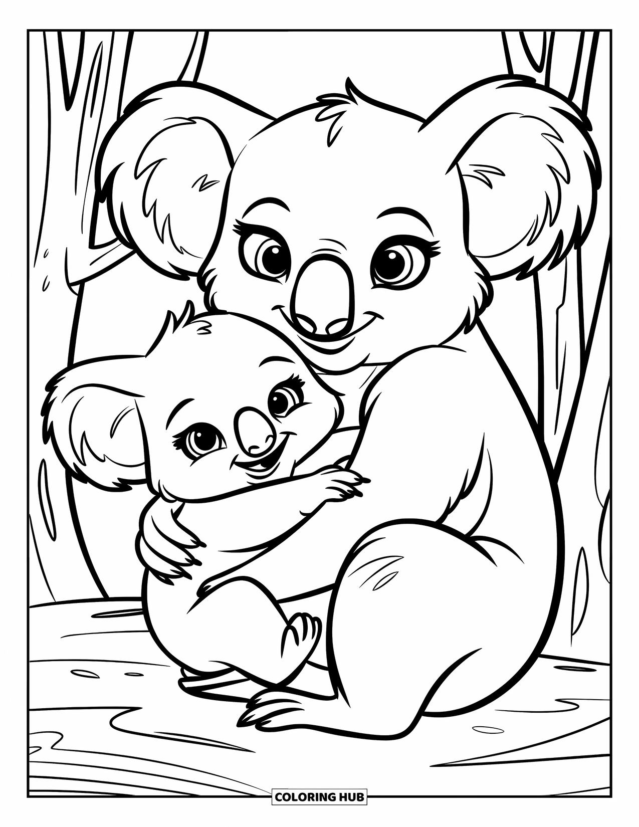 Koala Kleurplaat voor Kinderen: Een babykoala slaat zijn armen om zijn moeder in een lieve omhelzing