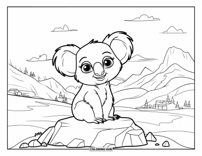 Coloriage de koalas pour enfants : Un koala aux grands yeux en t-shirt rouge est assis sur un sol rocheux, avec des montagnes et des bâtiments derrière
