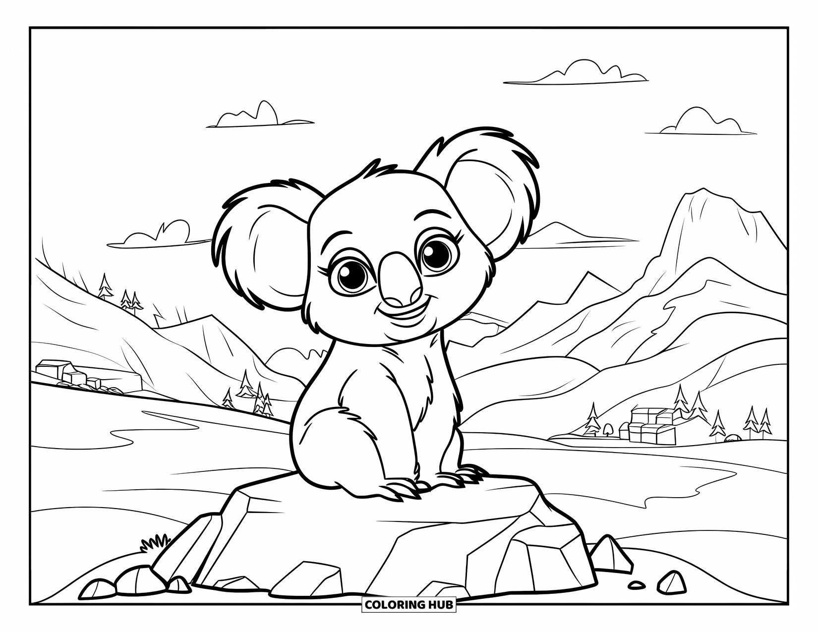 Koala Kleurplaat voor Kinderen: Een koala met grote ogen in een rood shirt zit op een rotsachtige ondergrond met bergen en gebouwen erachter