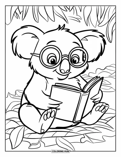 Coloriage de koalas pour enfants : Un koala passionné de lecture avec des lunettes rondes se repose sur un tas de feuilles dans la forêt