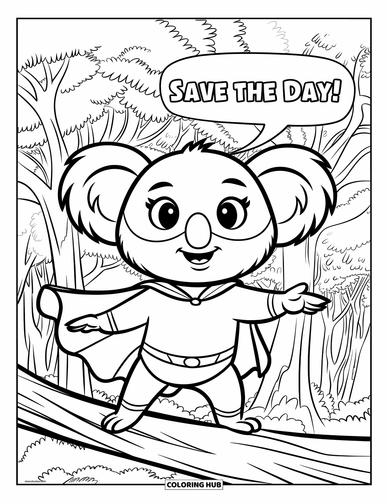 Koala Kleurplaat voor Kinderen: Een koala met een cape poseert heldhaftig op een tak en verklaart: "Red de dag!"