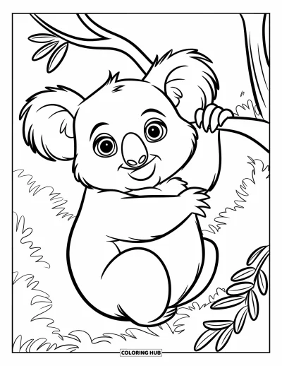 Coloriage de koalas pour enfants : Un koala espiègle se balance à une branche, entouré d’une forêt dense