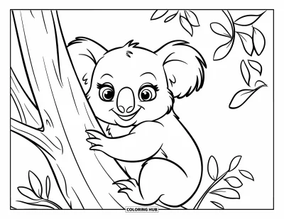Coloriage de koalas pour enfants : Un koala joyeux passe la tête hors d’un tronc, entouré de quelques feuilles