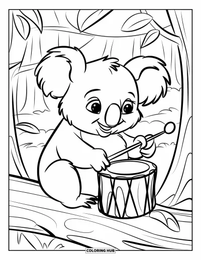 Coloriage de koalas pour enfants : Un koala joyeux joue d’un petit tambour sur un tronc, entouré d’une forêt paisible