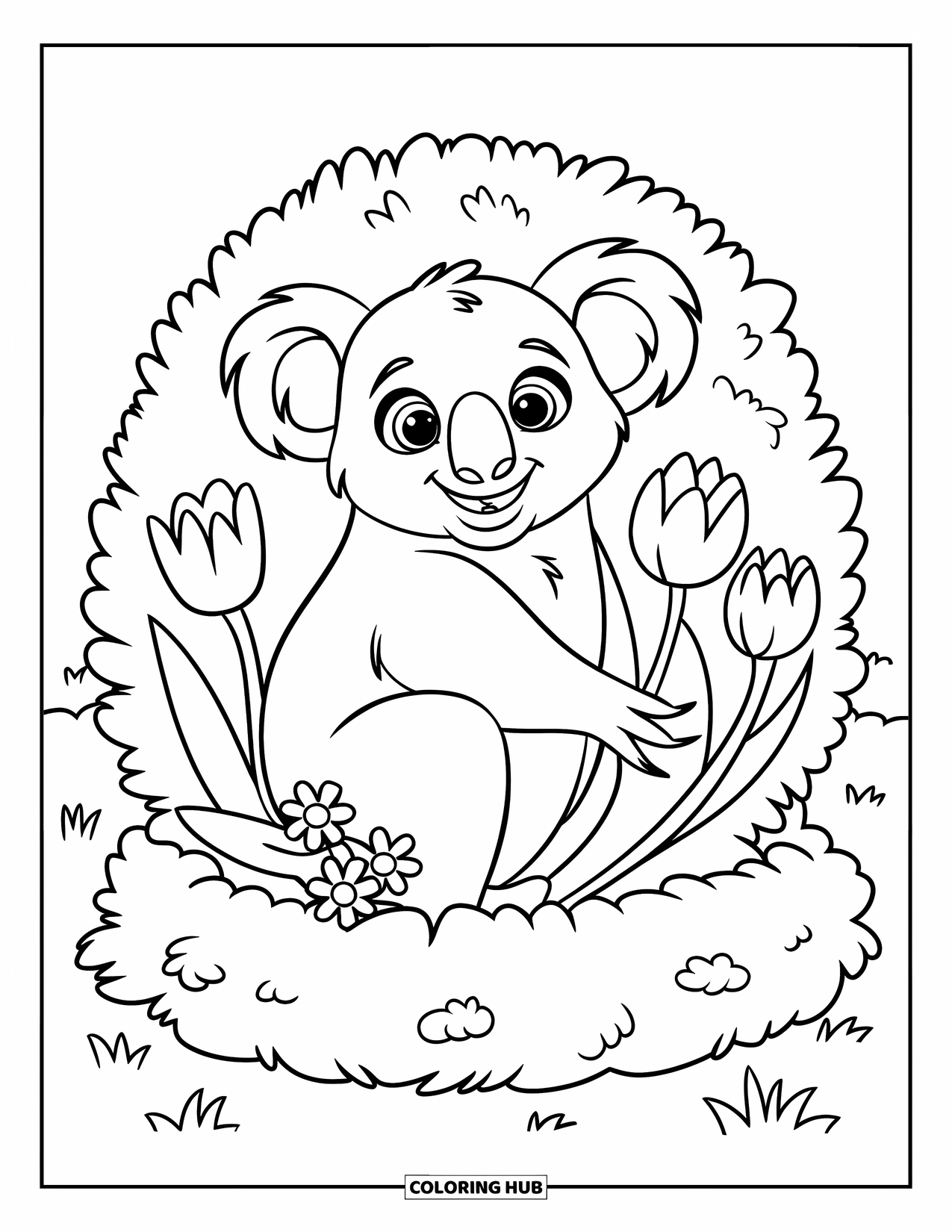 Koala Kleurplaat voor Kinderen: Een vrolijke koala zit in een ronde struik, genesteld tussen eenvoudige madeliefjes