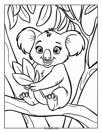 Coloriage de koalas pour enfants : Un koala joyeux est assis sur une branche et tient une feuille d’eucalyptus fraîche