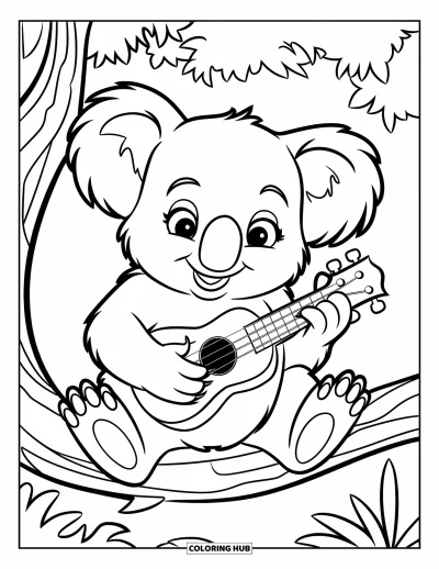 Coloriage de koalas pour enfants : Un koala joyeux gratte un petit ukulélé perché sur une branche d’arbre