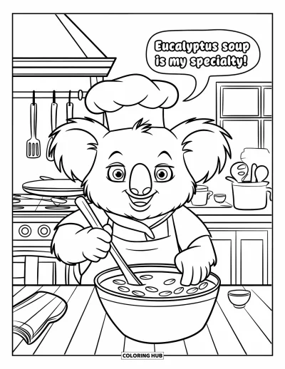 Coloriage de koalas pour enfants : Un koala chef remue une soupe à l’eucalyptus en disant fièrement : 