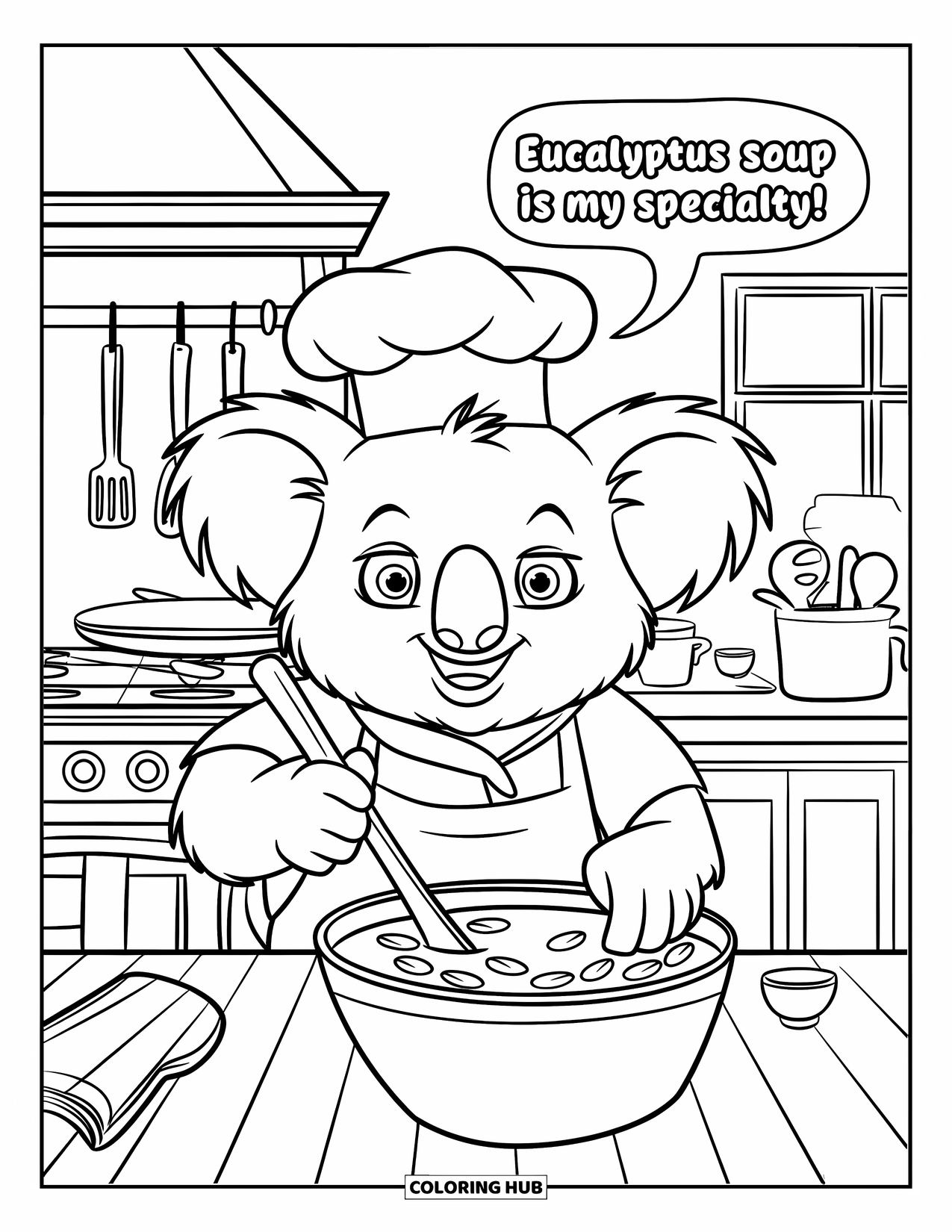 Koala Kleurplaat voor Kinderen: Een chef-koala roert eucalyptussoep en zegt trots: "Eucalyptussoep is mijn specialiteit!"