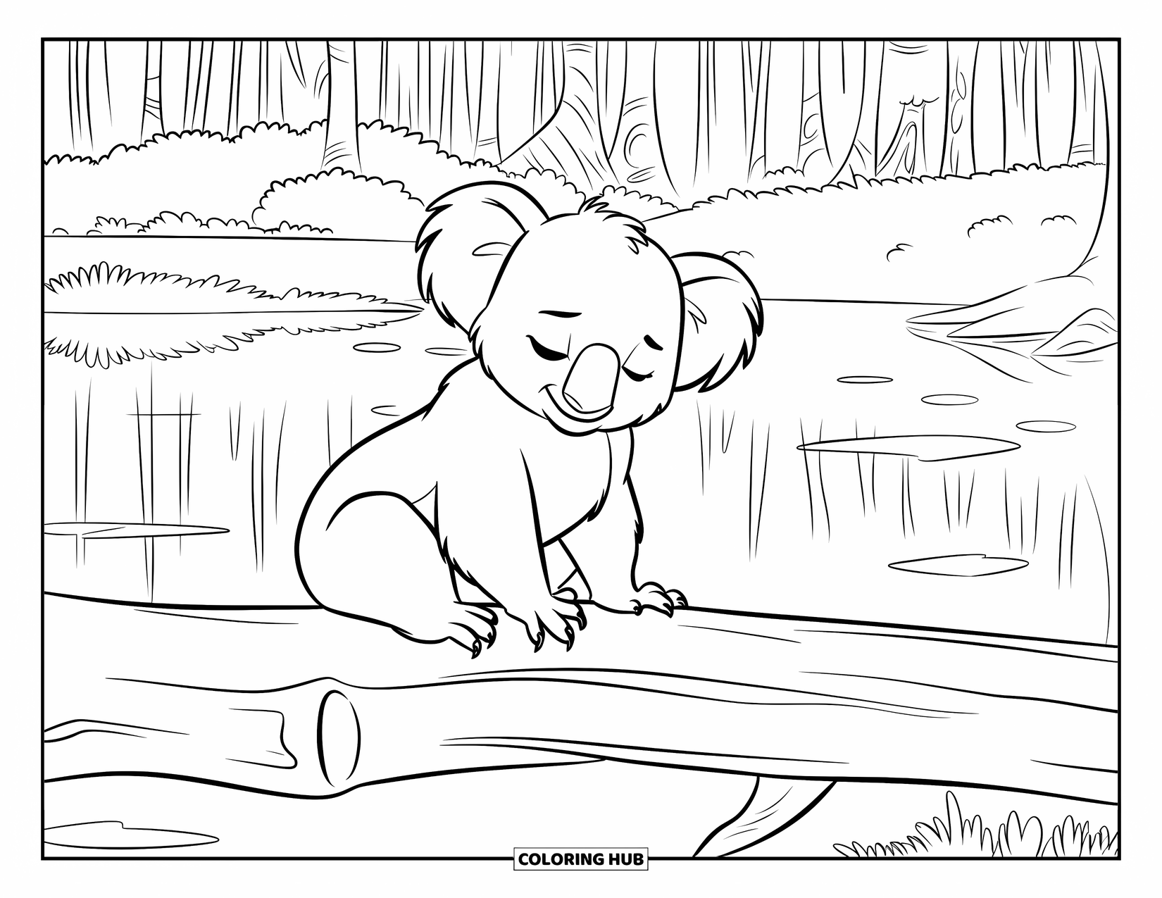 Koala Kleurplaat voor Kinderen: Een tevreden koala zit op een boomstam boven stilstaand water, met hoge bomen op de achtergrond
