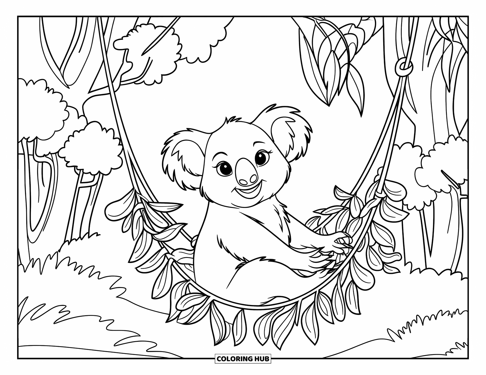 Koala Kleurplaat voor Kinderen: Een knusse koala ligt in een hangmat van bladeren, omringd door eucalyptusbomen