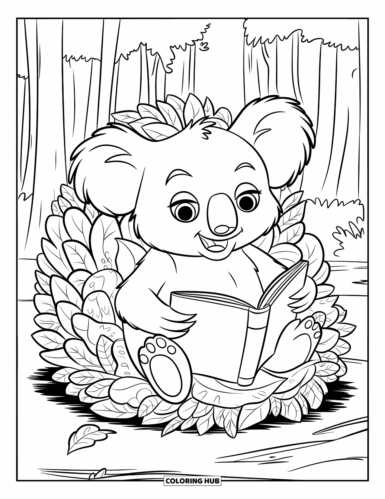 Koala Kleurplaat voor Kinderen: Een knusse koala zit op een bebladerde stoel en leest een boek tussen hoge bomen