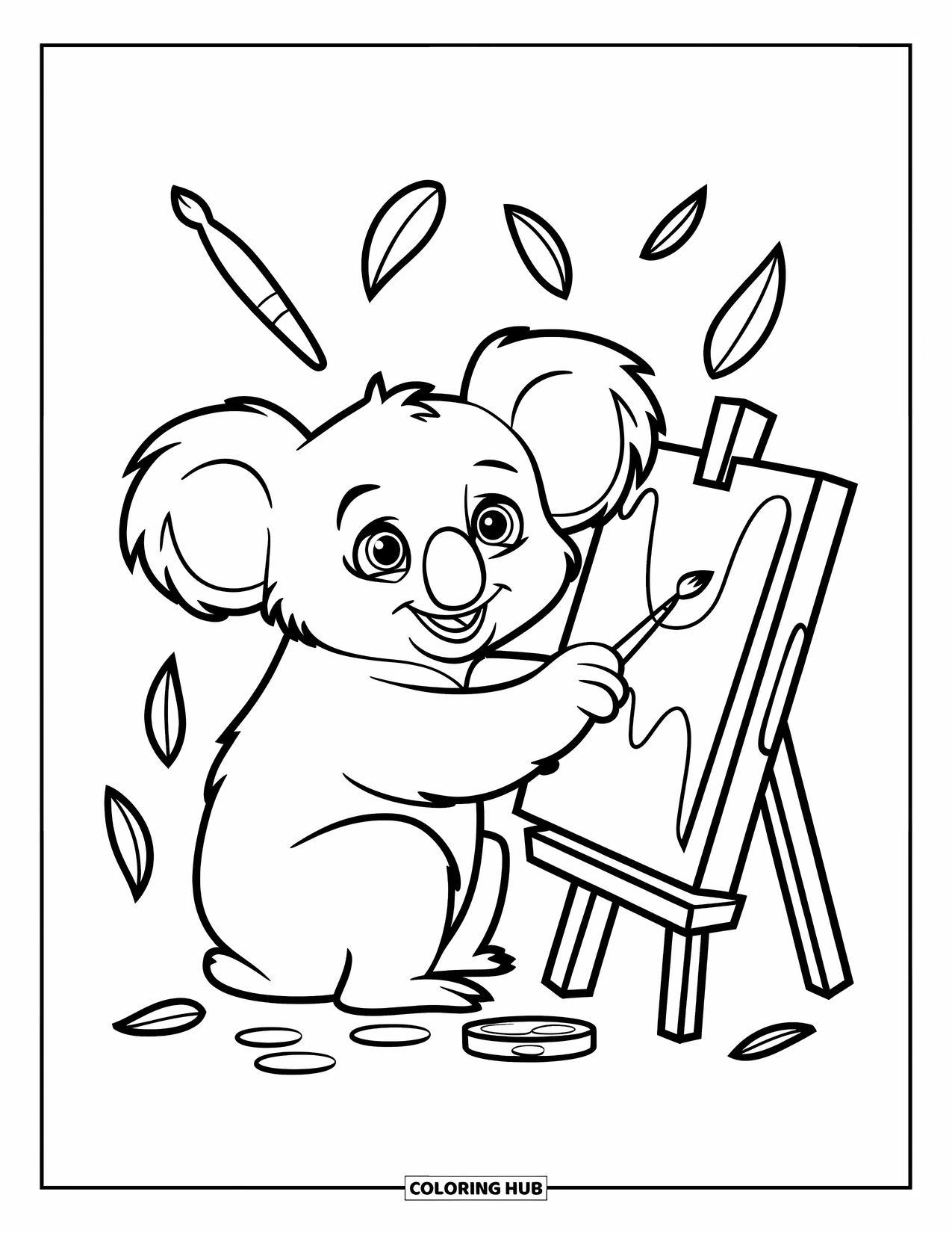 Koala Kleurplaat voor Kinderen: Een creatieve koala schildert een plaatje, omringd door penselen en verspreide bladeren