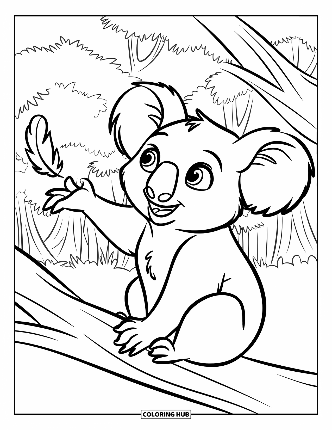 Koala Kleurplaat voor Kinderen: Een nieuwsgierige koala zit op een tak en reikt naar een zwevende veer