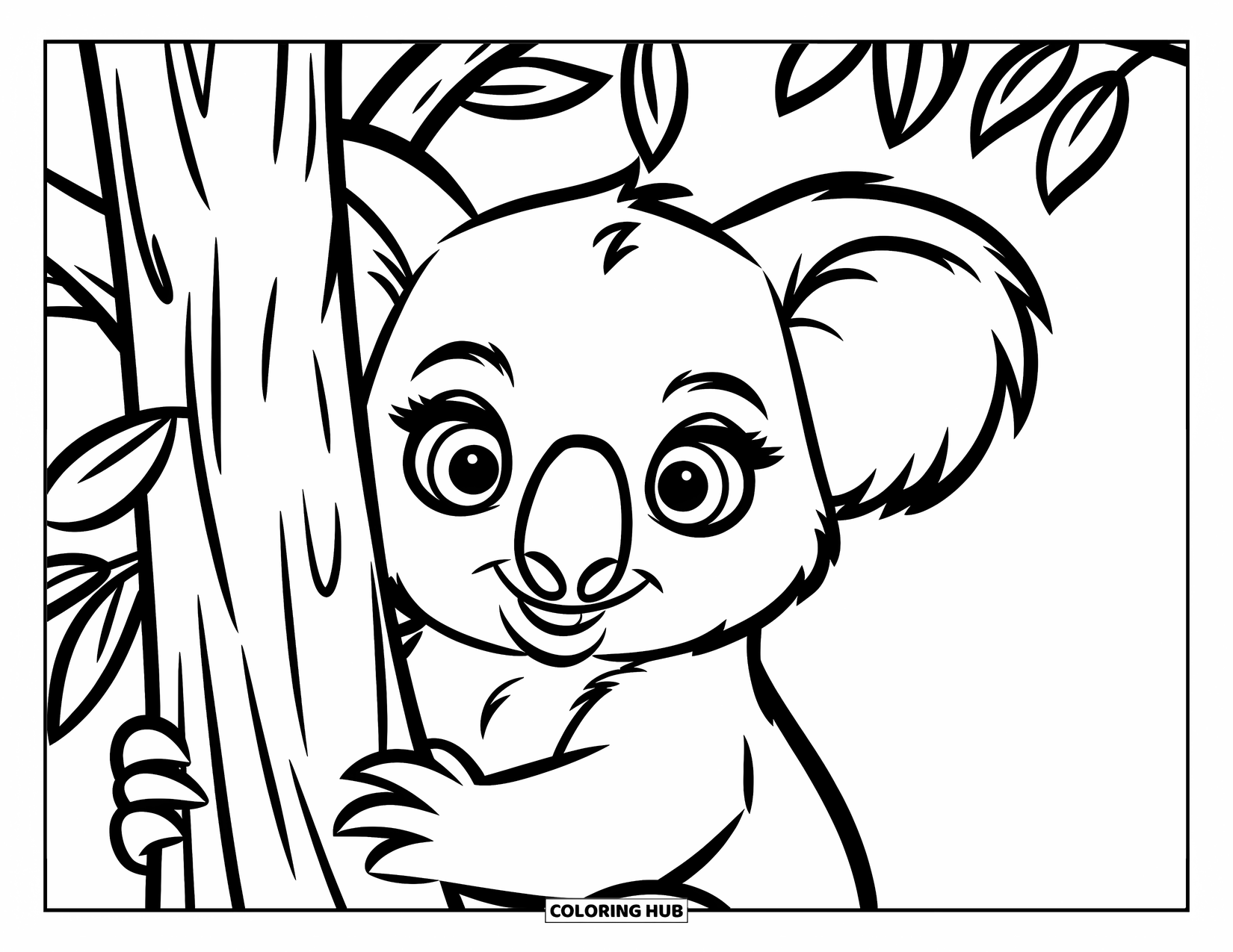 Koala Kleurplaat voor Kinderen: Een nieuwsgierige koala met grote ogen gluurt van achter een boom, met bladeren verspreid in de buurt