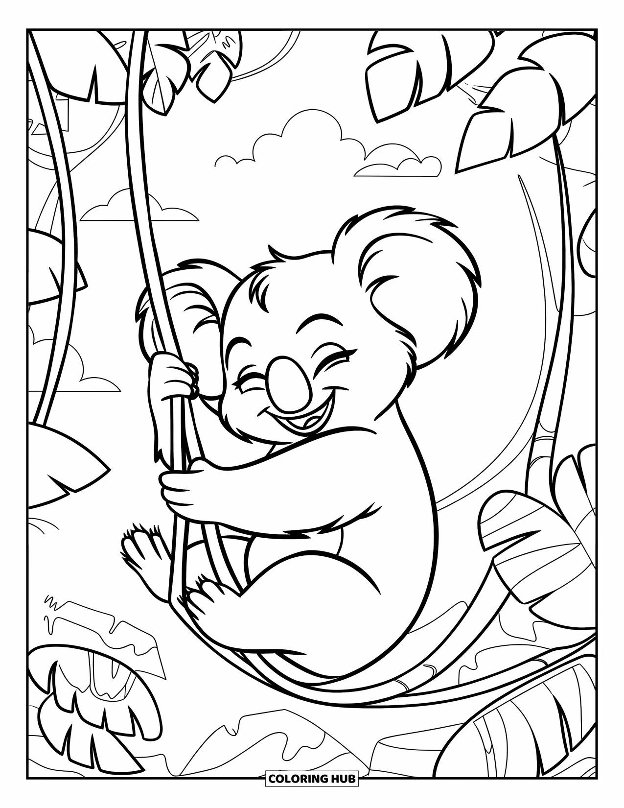Koala Kleurplaat voor Kinderen: Een verrukte koala slingert aan een liaan, omringd door junglebladeren en een heldere lucht