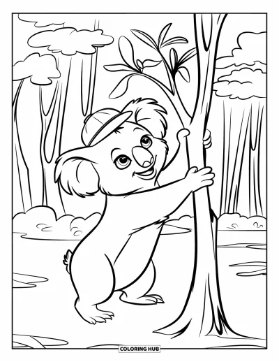 Coloriage de koalas pour enfants : Un koala déterminé s’étire vers le haut pour attraper une branche d’eucalyptus dans une forêt paisible
