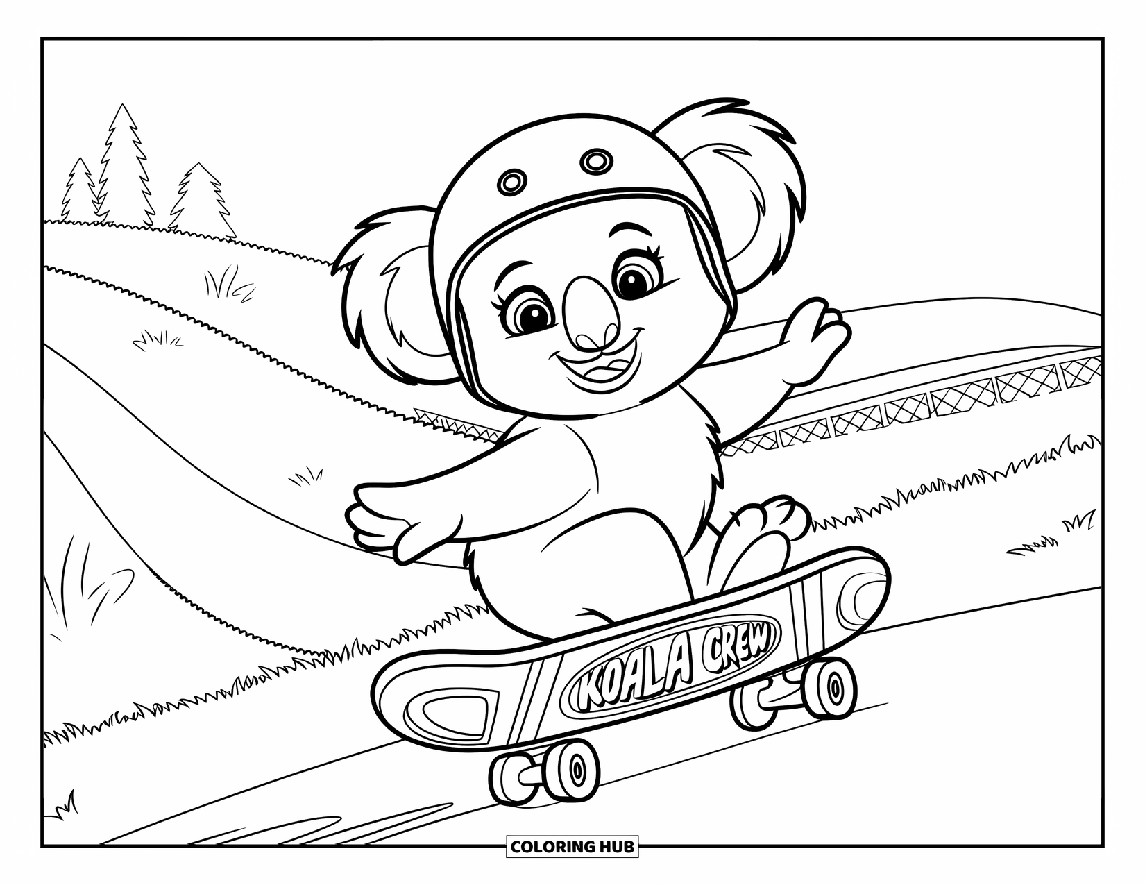 Koala Kleurplaat voor Kinderen: Een grijnzende koala skatet bergafwaarts op een board met het label "Koala Crew", langs bomen en een hek