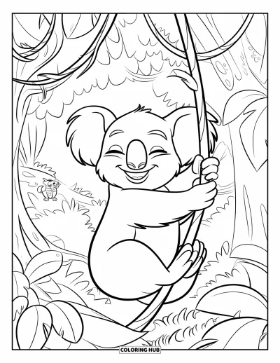 Coloriage de koalas pour enfants : Un koala souriant se balance dans une jungle dense pendant qu’un animal rayé l’observe à proximité