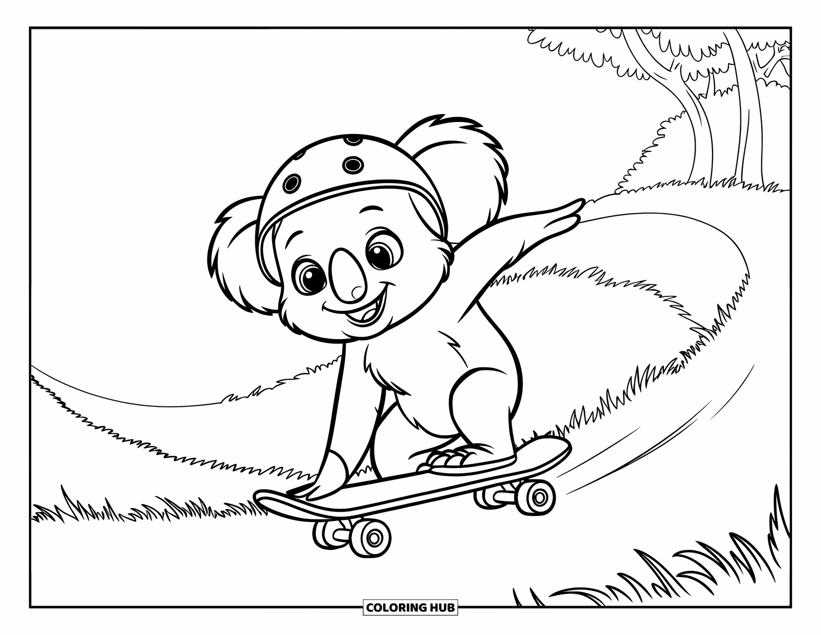 Koala Kleurplaat voor Kinderen: Een blije koala rijdt op een skateboard een heuvel af en geniet van de bries en de open lucht