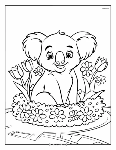Coloriage de koalas pour enfants : Un koala heureux est assis dans un buisson près d’un sentier, souriant au paysage