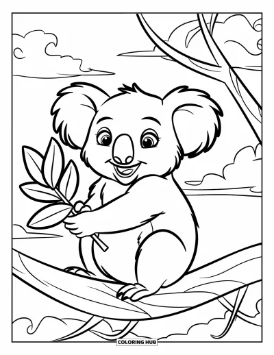 Coloriage de koalas pour enfants : Un koala heureux est assis sur une branche, tenant une feuille d’eucalyptus avec un grand sourire