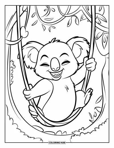 Coloriage de koalas pour enfants : Un koala heureux se balance dans la jungle, accroché à une liane avec un grand sourire