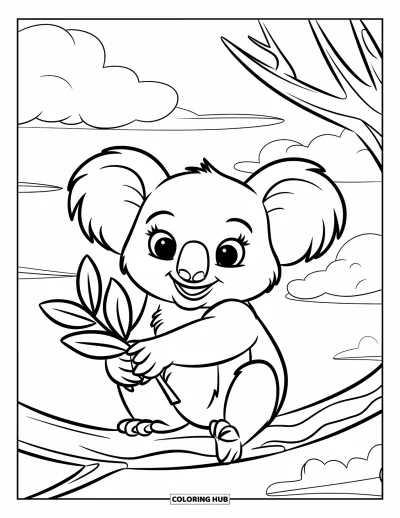 Coloriage de koalas pour enfants : Un koala joyeux serre une feuille d’eucalyptus perché sur une branche solide