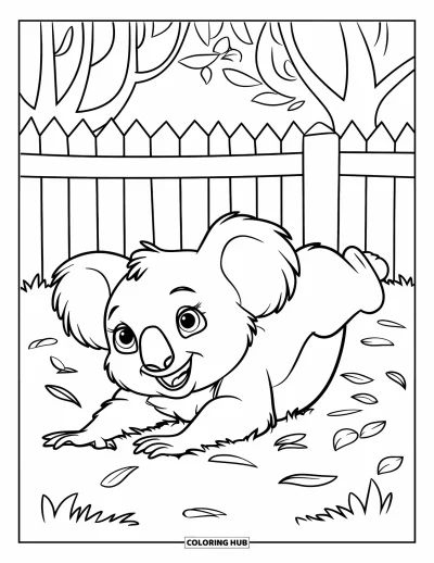Coloriage de koalas pour enfants : Un koala ravi se roule dans l’herbe, des feuilles qui volent autour, avec des arbres et une clôture à proximité