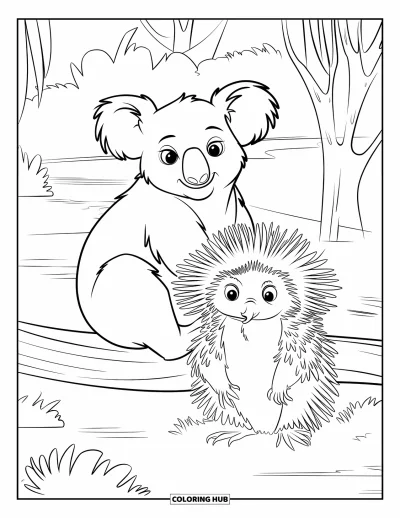 Coloriage de koalas pour enfants : Un koala et un échidné se reposent ensemble dans un décor de faune australienne rempli d’arbres