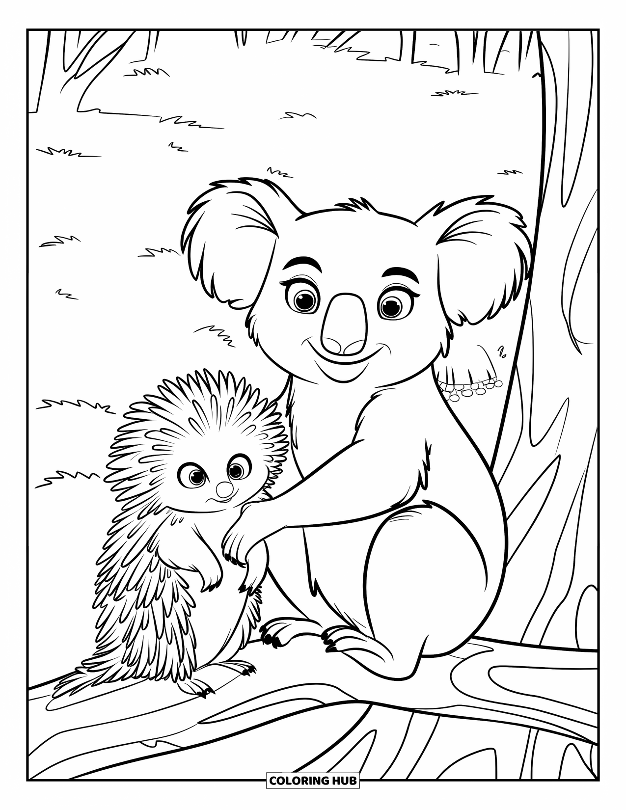 Koala Kleurplaat voor Kinderen: Een koala en een mierenegel zitten samen in het wild, omringd door Australische dieren