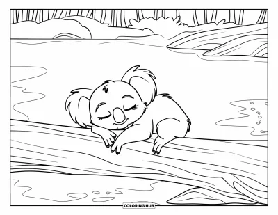 Coloriage de koalas pour enfants : Un koala s’accroche à un tronc tombé près d’un lac tranquille, les yeux fermés de détente