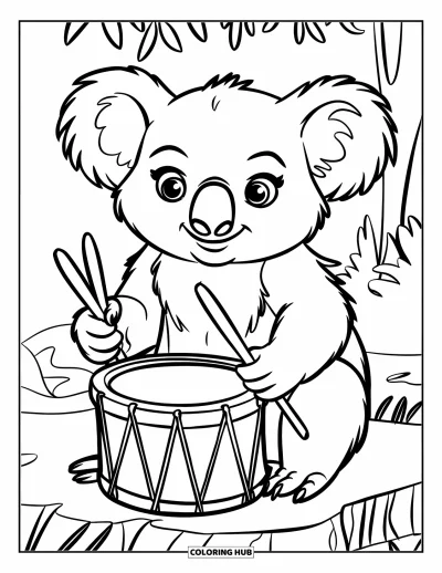 Coloriage de koalas pour enfants : Un koala joue du tambour sur une souche creuse avec des baguettes en bois, entouré d’une végétation abondante