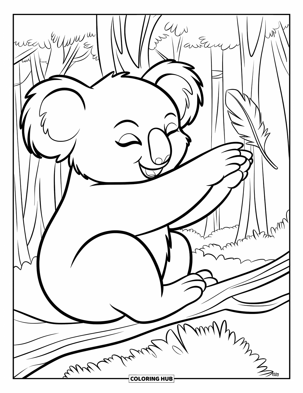 Koala Kleurplaat voor Kinderen: Een koala, met gesloten ogen, reikt zachtjes naar een veer terwijl hij tussen hoge bomen zit