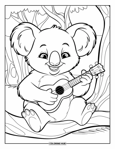 Coloriage de koalas pour enfants : Un koala joue joyeusement de l’ukulélé sous un arbre, profitant du calme environnant