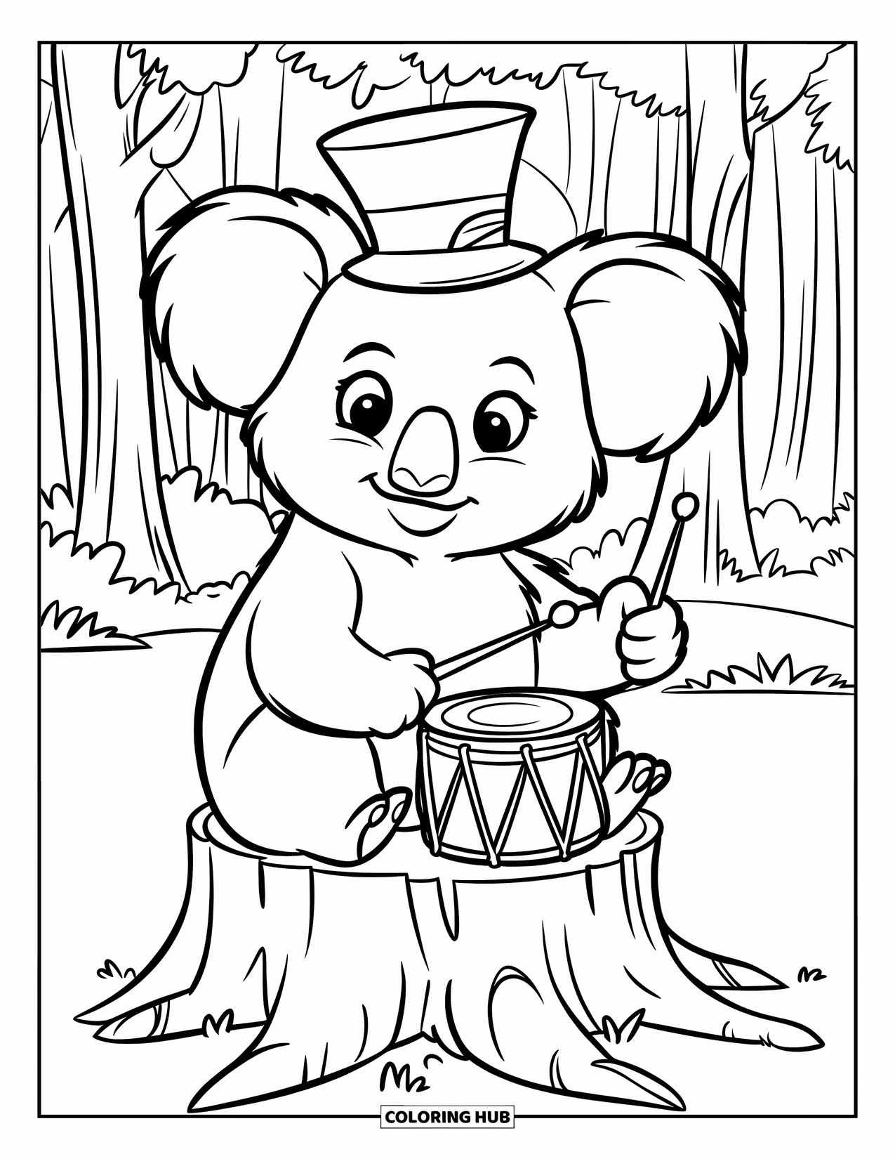 Koala Kleurplaat voor Kinderen: Een koala met een bandhoed speelt op een klein trommeltje gemaakt van een boomstronk in het bos
