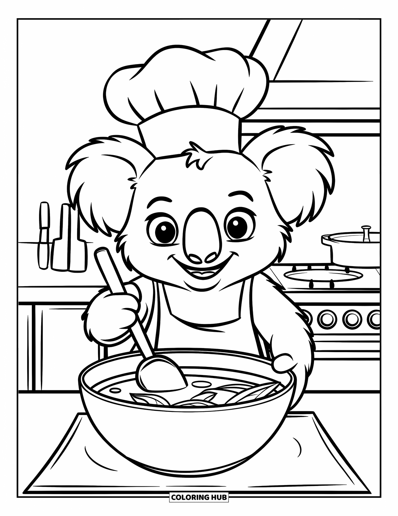 Koala Kleurplaat voor Kinderen: Een koala met een koksmuts roert voorzichtig in een kom warme eucalyptussoep