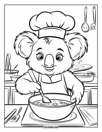 Coloriage de koalas pour enfants : Un koala avec une toque de chef remue un bol de soupe à l’eucalyptus dans une cuisine chaleureuse