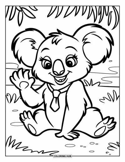 Coloriage de koalas pour enfants : Un koala avec une jolie cravate fait signe avec malice, assis sur l’herbe