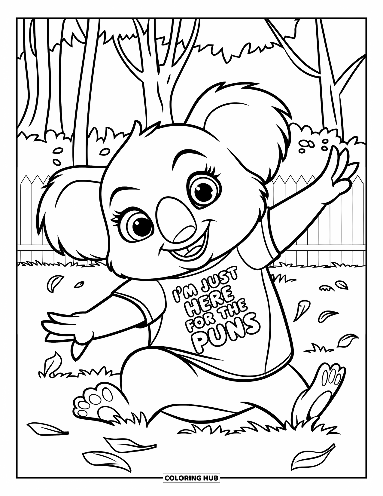 Koala Kleurplaat voor Kinderen: Een koala in een grappig t-shirt rolt over het gras, omringd door bomen en een hek