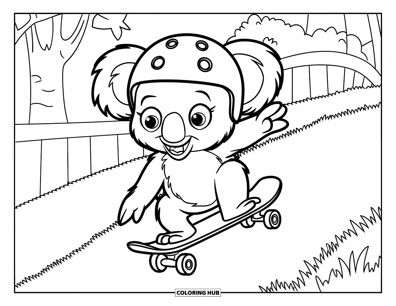 Koala Kleurplaat voor Kinderen: Een koala met een helm zoeft op een skateboard een heuvel af, bomen langs het pad