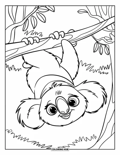 Coloriage de koalas pour enfants : Un koala en t-shirt rouge se suspend avec malice à une branche, les yeux grands ouverts de curiosité