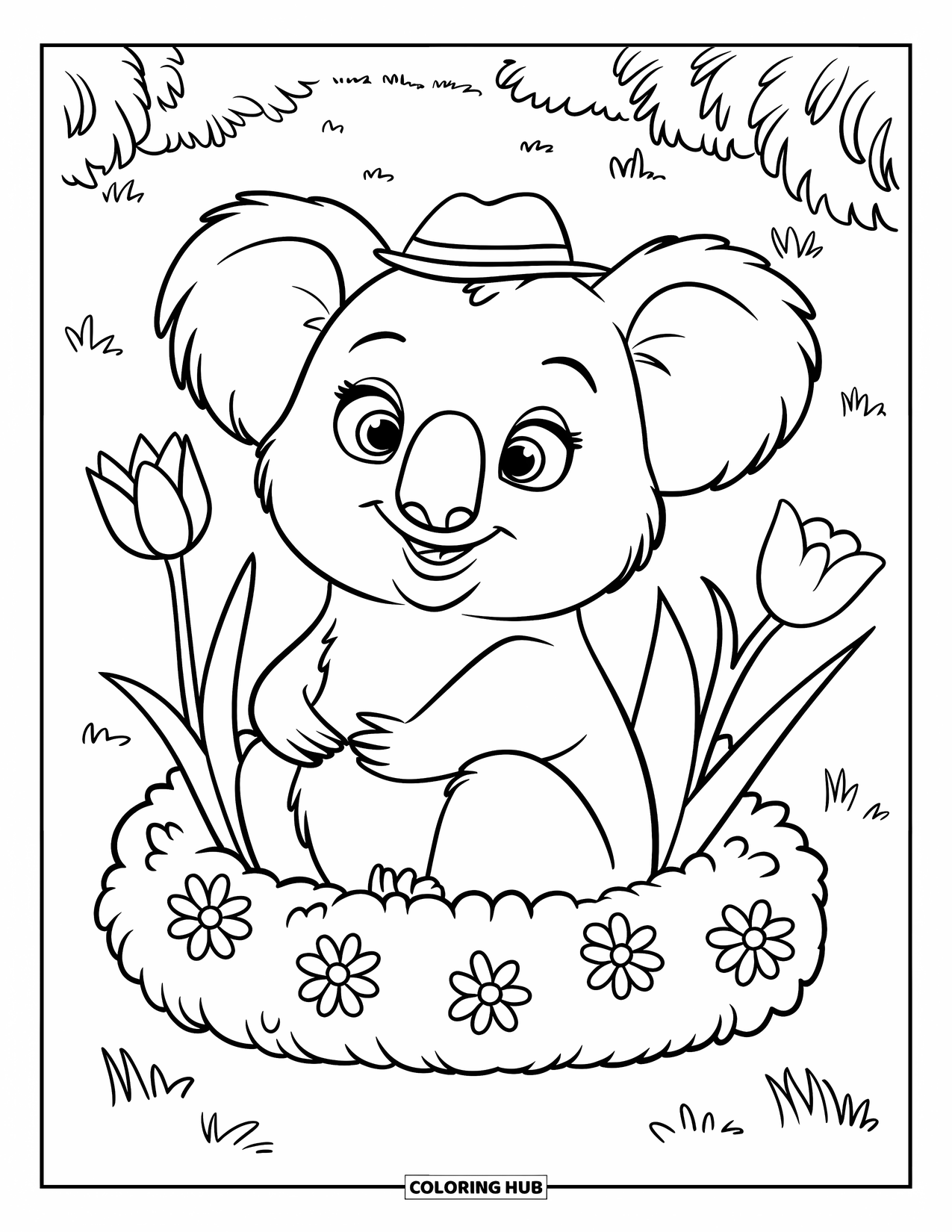 Koala Kleurplaat voor Kinderen: Een koala met een klein hoedje zit vrolijk in een struik, omringd door kleurrijke bloemen