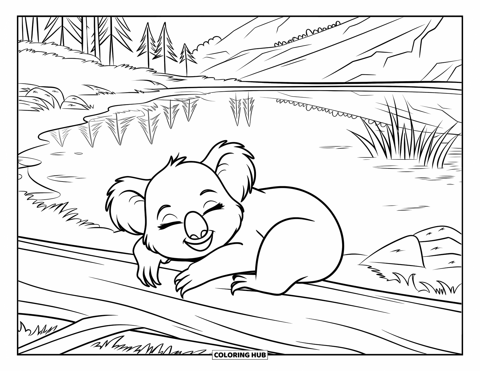 Koala Kleurplaat voor Kinderen: Een koala doet een dutje op een omgevallen boomstam bij een kristalhelder meer, omringd door weelderig groen