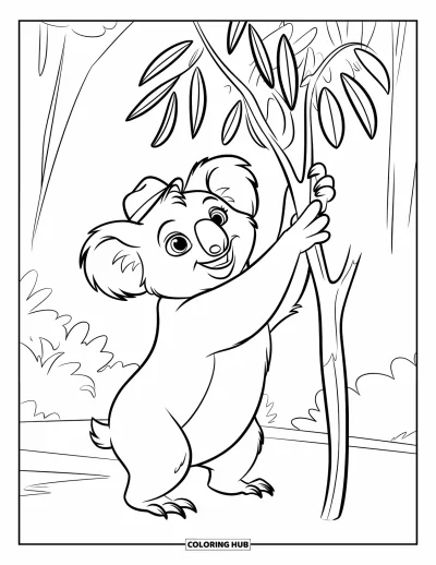 Coloriage de koalas pour enfants : Un koala debout sur ses pattes arrière tend la patte vers une haute branche d’eucalyptus en portant un tout petit chapeau