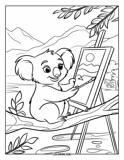 Coloriage de koalas pour enfants : Un koala peint sur une toile perché dans un arbre, avec des montagnes au loin